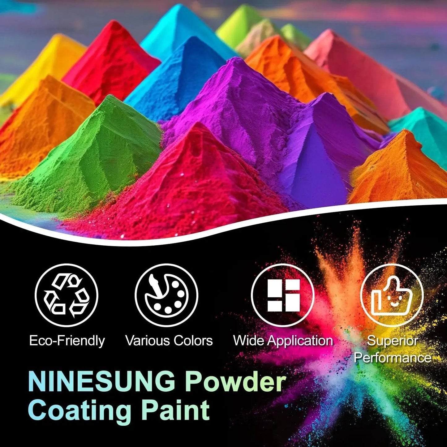 Multicolored powder coating paint packaging with eco-friendly and wide application icons, NINESUNG branding