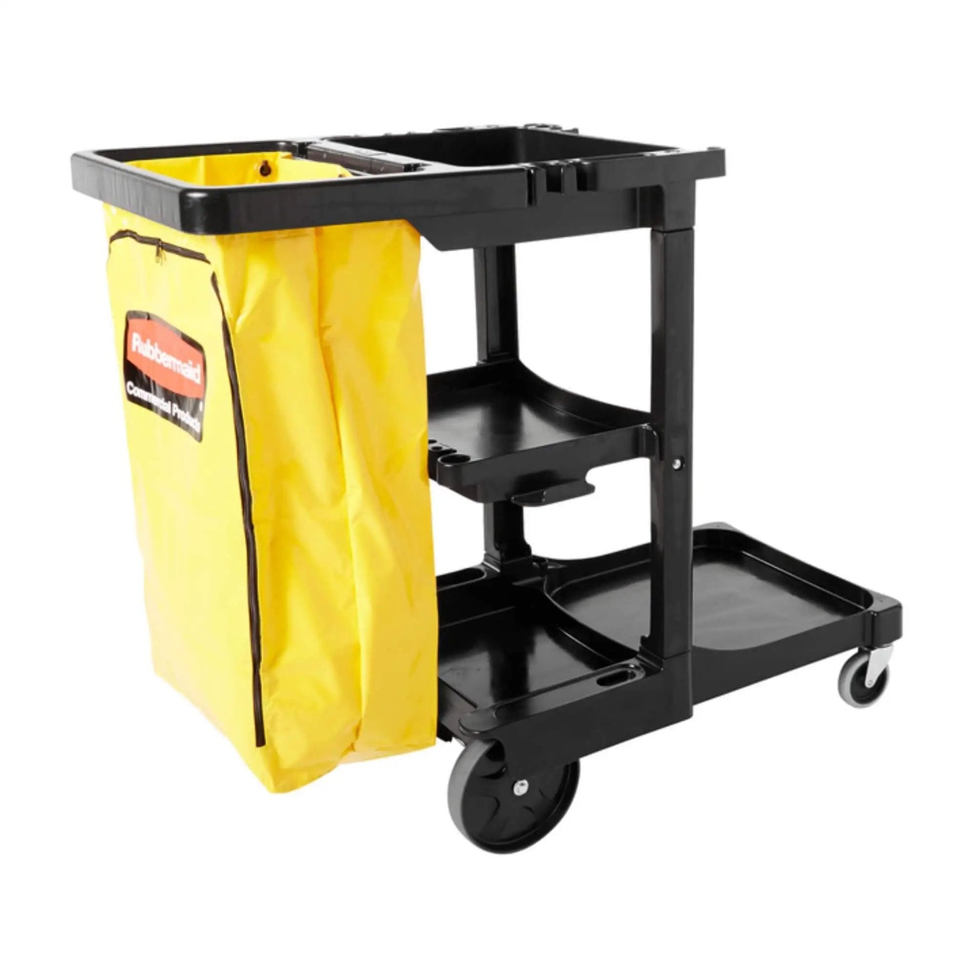 Workhorse Commercial Cleaning Cart With 3 Shelf Racks And Wheeled Design Featuring A Zippered Yellow Vinyl Bag Front Platform For Mop Buckets Or 32 Gallon Trash Cans Ideal For Offices Schools And Janitorial Use