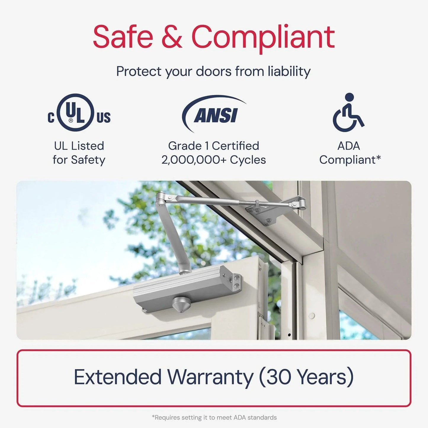 Medium/Heavy Duty Door Closer Commercial Grade 1 installed, demonstrating safety features and compliance certifications.