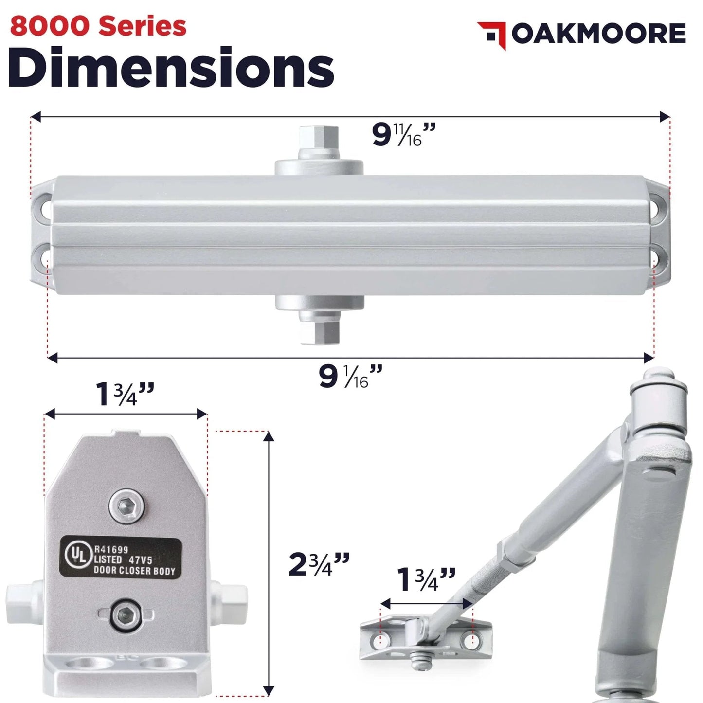 Commercial Heavy Duty Door Closer ADA UL Grade 1 Listed Self Closing For High Traffic Doors with dimensions and specifications
