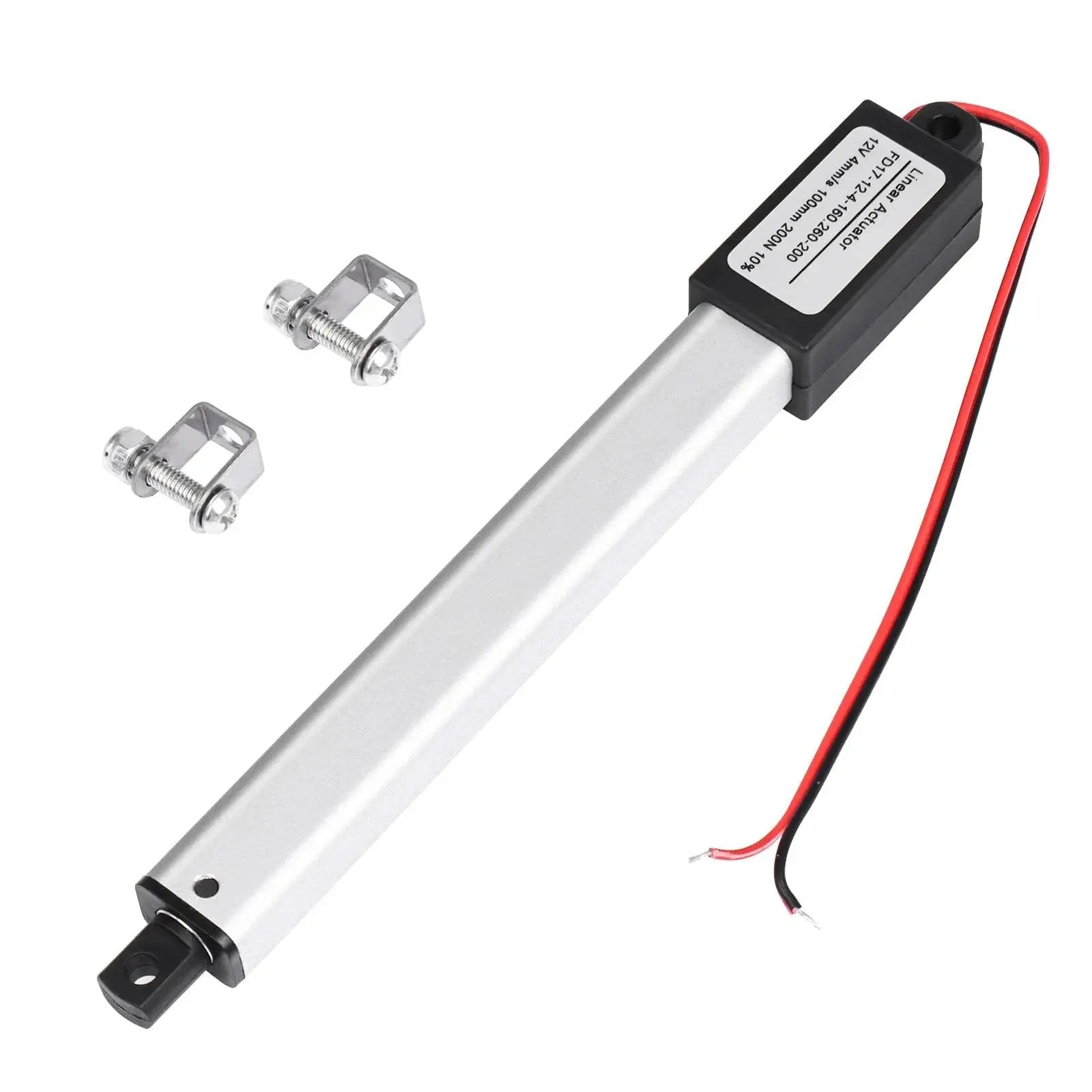 Compact 12V Mini Electric Linear Actuator with 4 Inch Stroke IP54, mounting brackets shown, used for car, RV, doors, furniture projects.