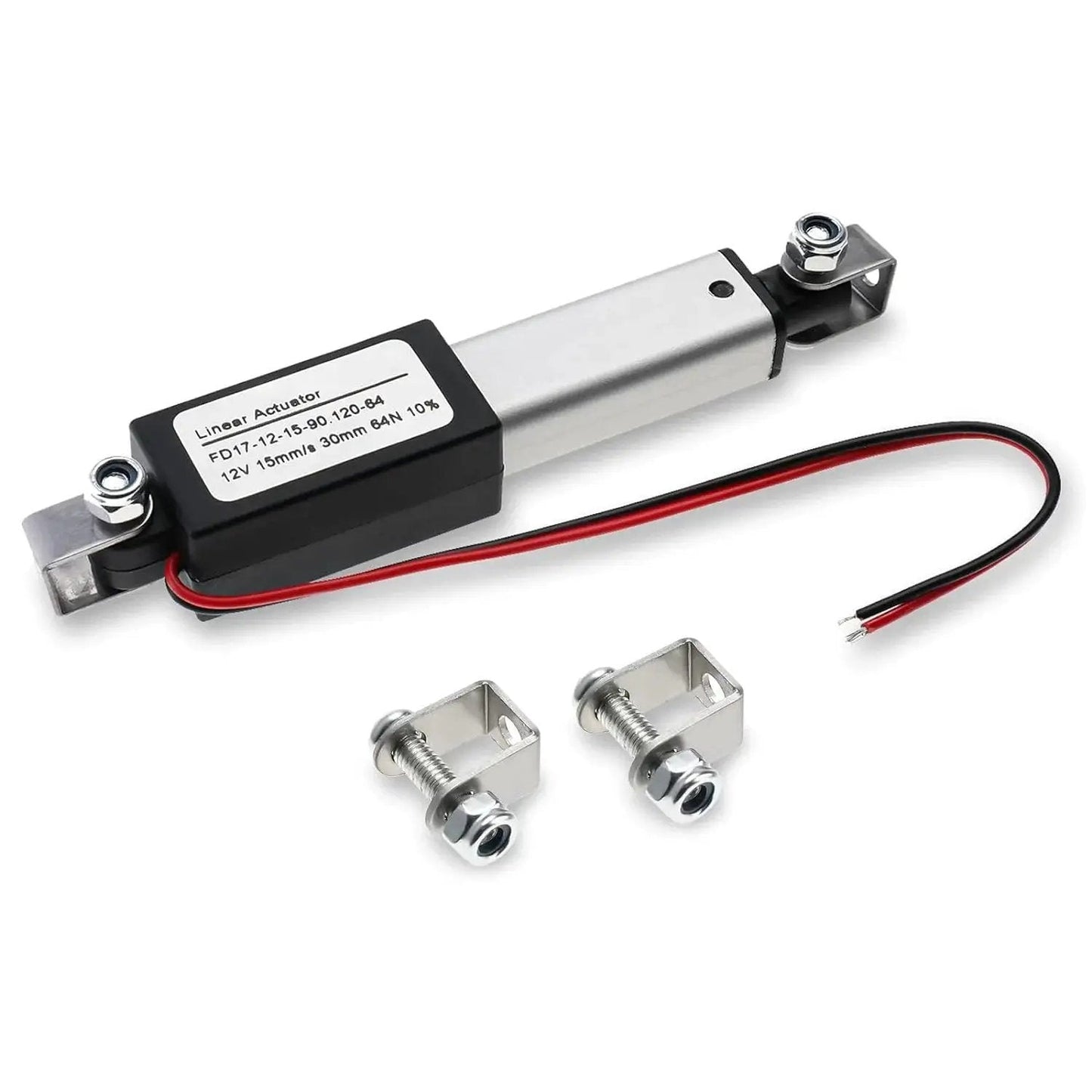 Compact 12V electric linear actuator with a 2 inch stroke and IP54 waterproof rating, shown with mounting brackets and wires