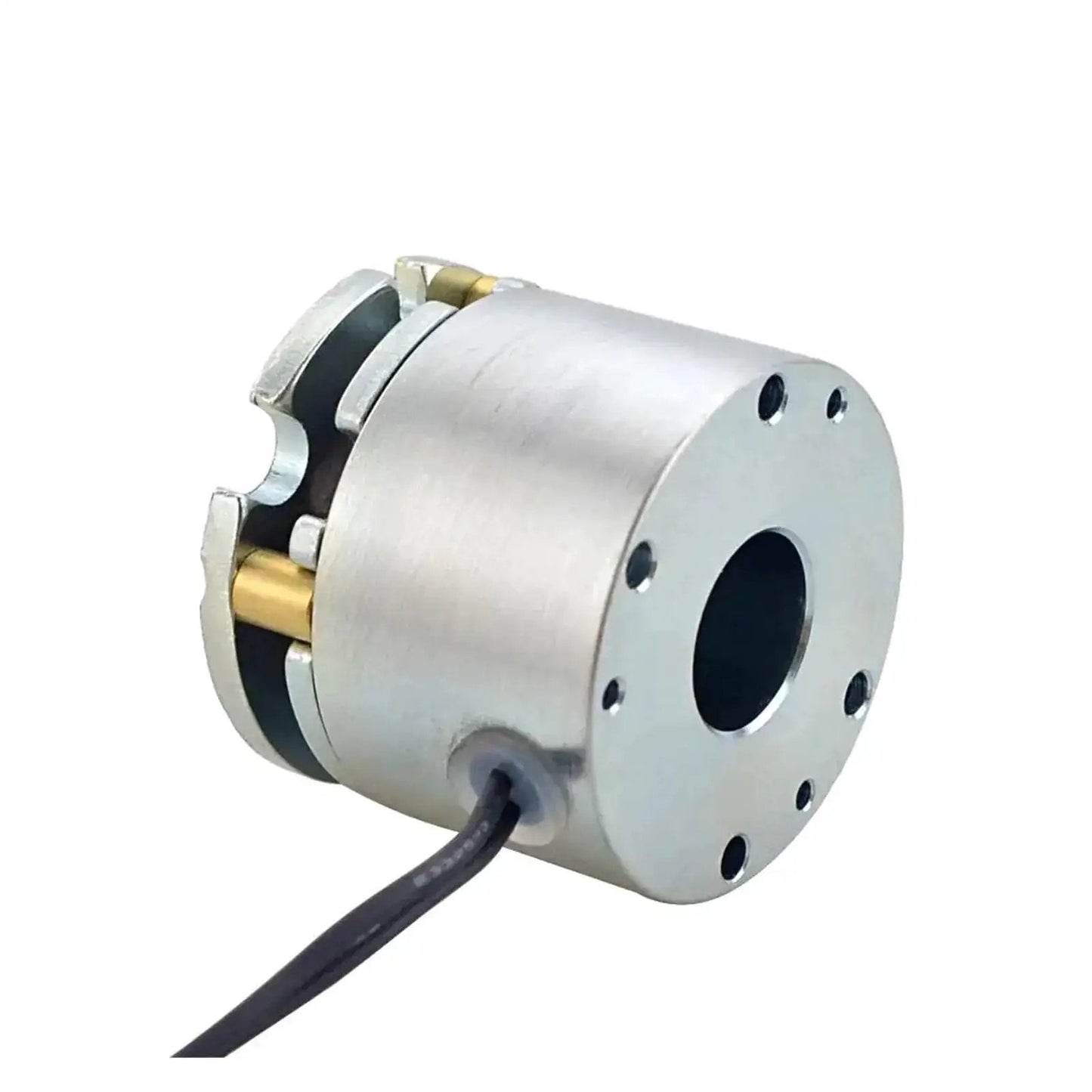 Compact 24V DC electromagnetic brake compatible with NEMA 17 stepper motors, side view showing metal casing and wiring detail.