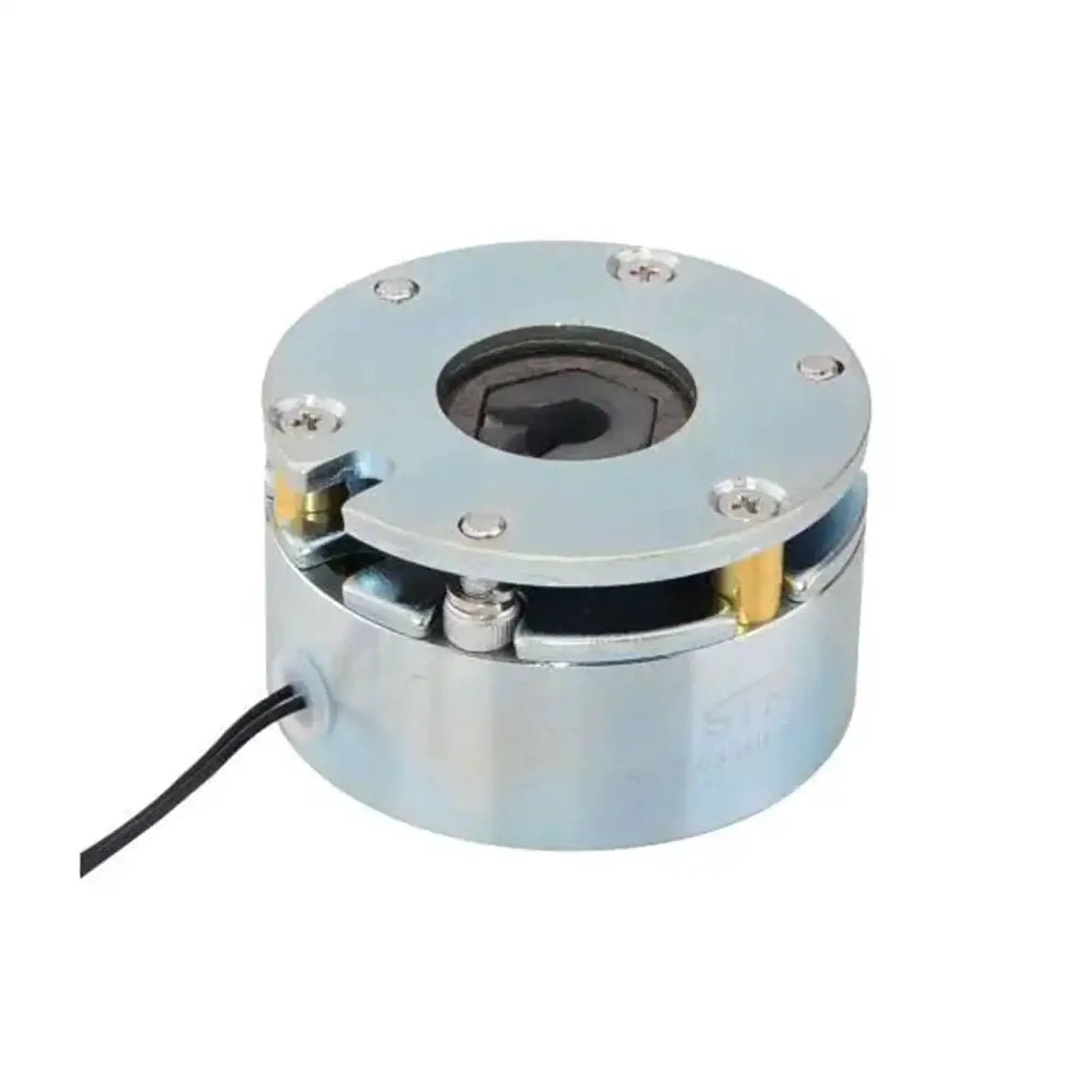 Compact 24V electromagnetic brake for NEMA 23 and NEMA 24 stepper motors delivers 283 ozin static holding torque, metal casing view