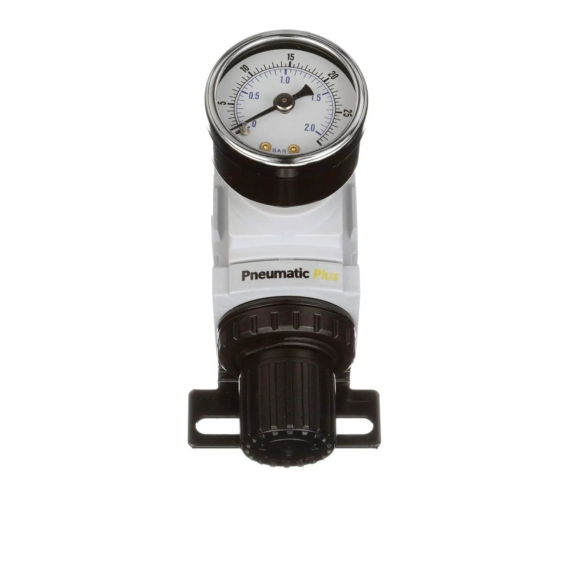 Front view of Compact Miniature Air Pressure Regulator With Gauge And Bracket One Quarter Inch NPT For Regulating 3 To 30 PSI