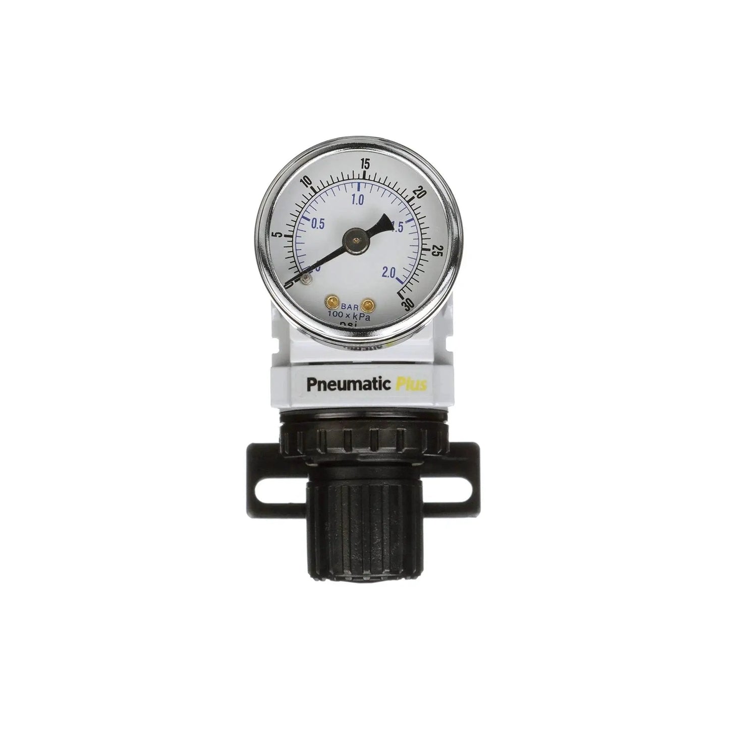 Front view of Compact Miniature Air Pressure Regulator with Gauge and Bracket, 1/4 inch NPT, PneumaticPlus PPR2 N02BG 2