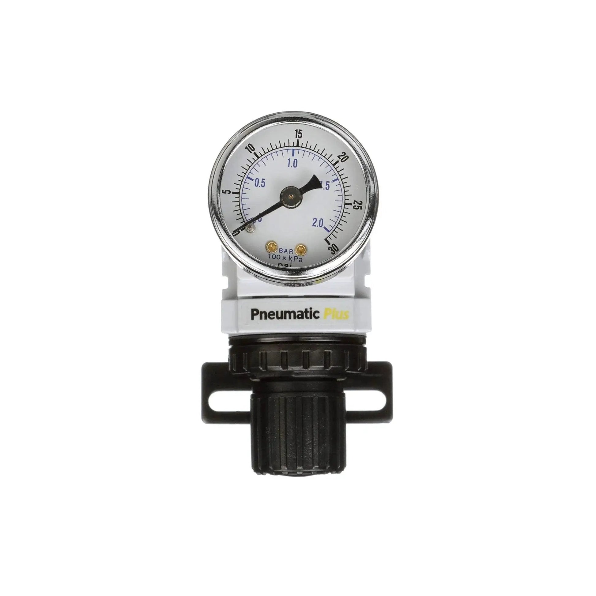 Front view of Compact Miniature Air Pressure Regulator with Gauge and Bracket, 1/4 inch NPT, PneumaticPlus PPR2 N02BG 2