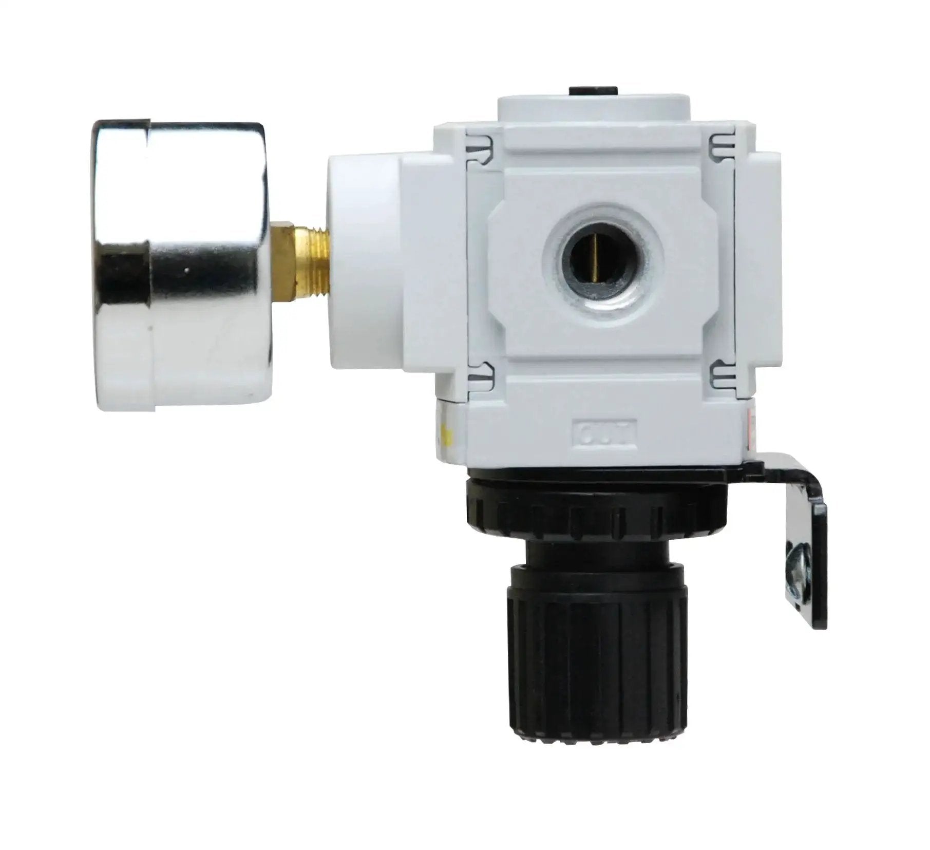 Side view of Compact Miniature Air Pressure Regulator With Gauge And Bracket One Quarter Inch NPT For Regulating 3 To 30 PSI Inlet 250 PSI 49 SCFM Flow Includes Gauge And Bracket PneumaticPlus PPR2 N02BG 2 Manufactured In Korea One Year Limited Warranty.
