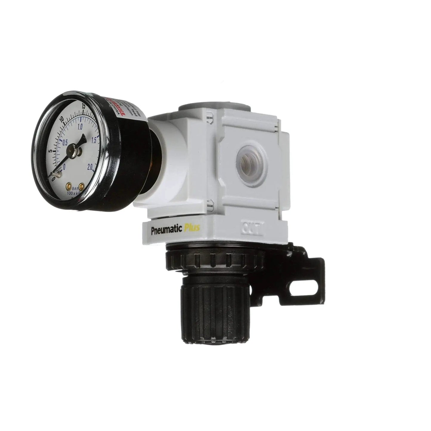 Compact Miniature Air Pressure Regulator With Gauge And Bracket One Quarter Inch NPT For Regulating 3 To 30 PSI Inlet 250 PSI 49 SCFM Flow Includes Gauge And Bracket PneumaticPlus PPR2 N02BG 2 Manufactured In Korea One Year Limited Warranty.