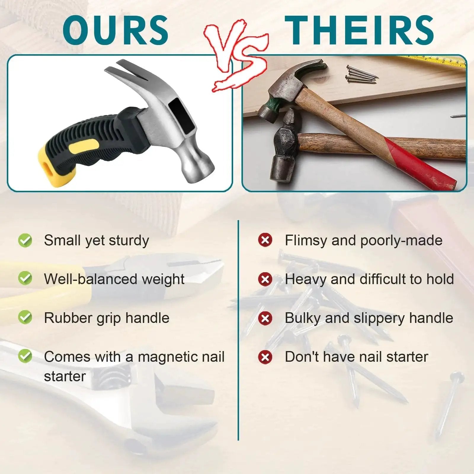 Comparison between compact 8 oz claw hammer with magnetic nail holder and traditional hammers