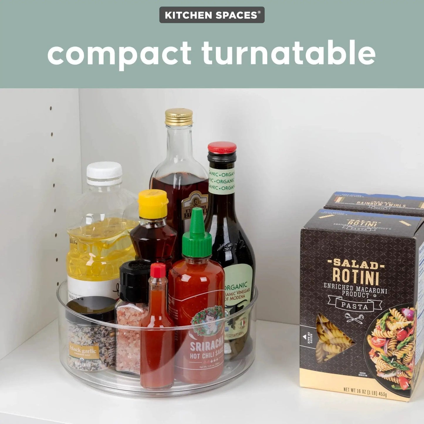 Compact Lazy Susan Organizer for Fridge and Cabinet holding sauces with spice boxes nearby in a kitchen shelf