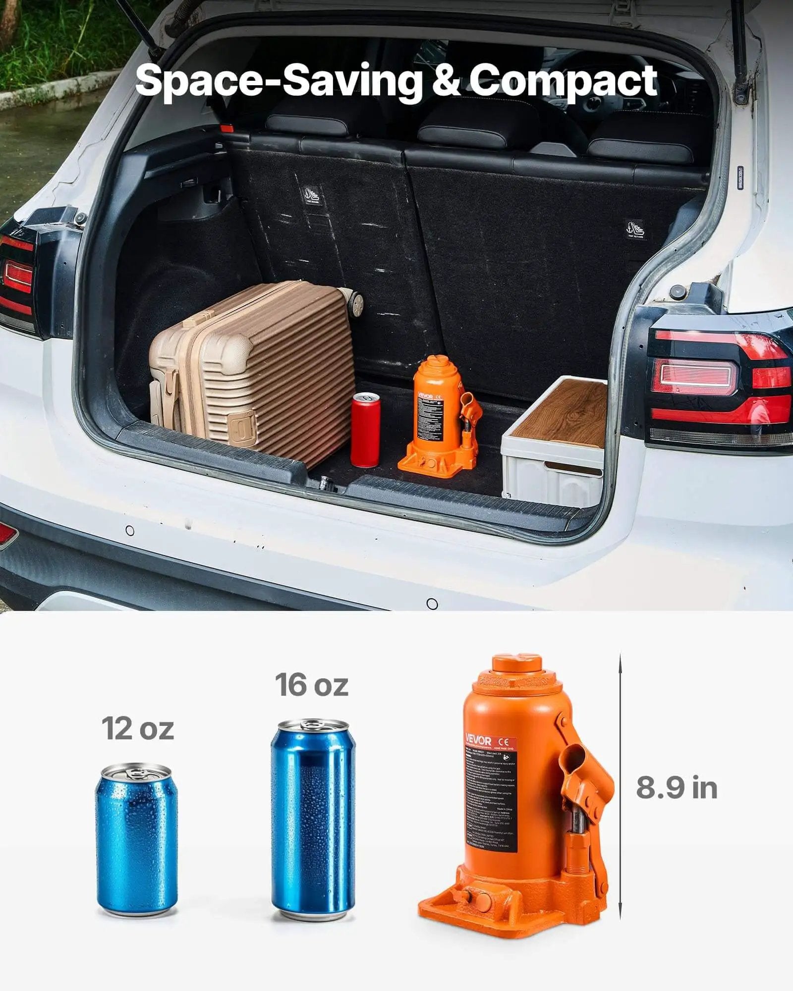 Heavy Duty 20 Ton Hydraulic Bottle Jack With 7.5 To 14 Inch Lift Range All Welded Construction in car trunk with luggage