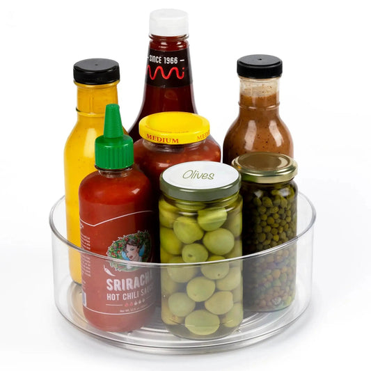 Compact Lazy Susan Organizer for Fridge and Cabinet with spices and condiments, clear 9x9x3.4 inch turntable storage, high sides prevent spills
