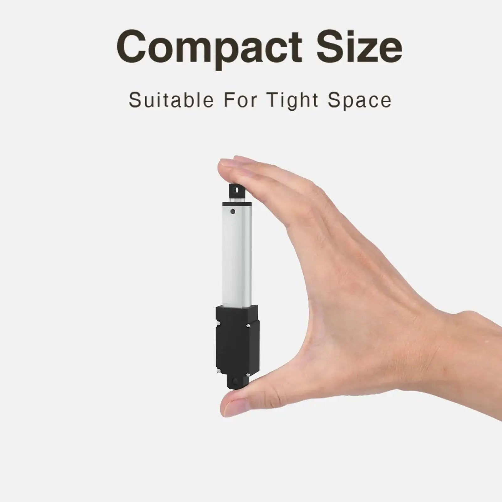 Compact size of High Speed 50mm Stroke 12V IP54 Aluminum Alloy Linear Actuator held in hand, showing one-piece metal body.
