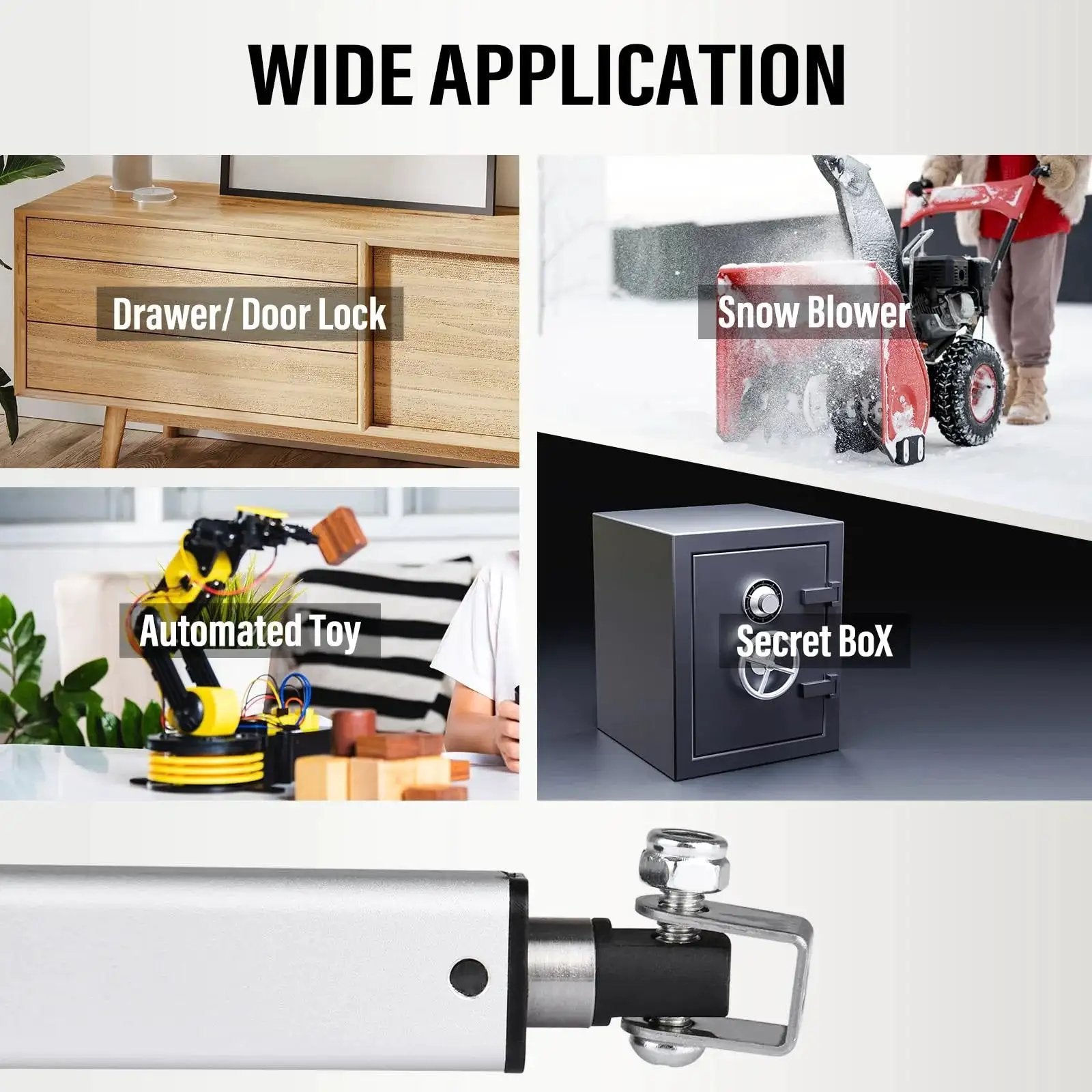 Wide application of Compact 12V Mini Electric Linear Actuator With 4 Inch Stroke IP54, including drawer, snow blower, toy, and lock box.
