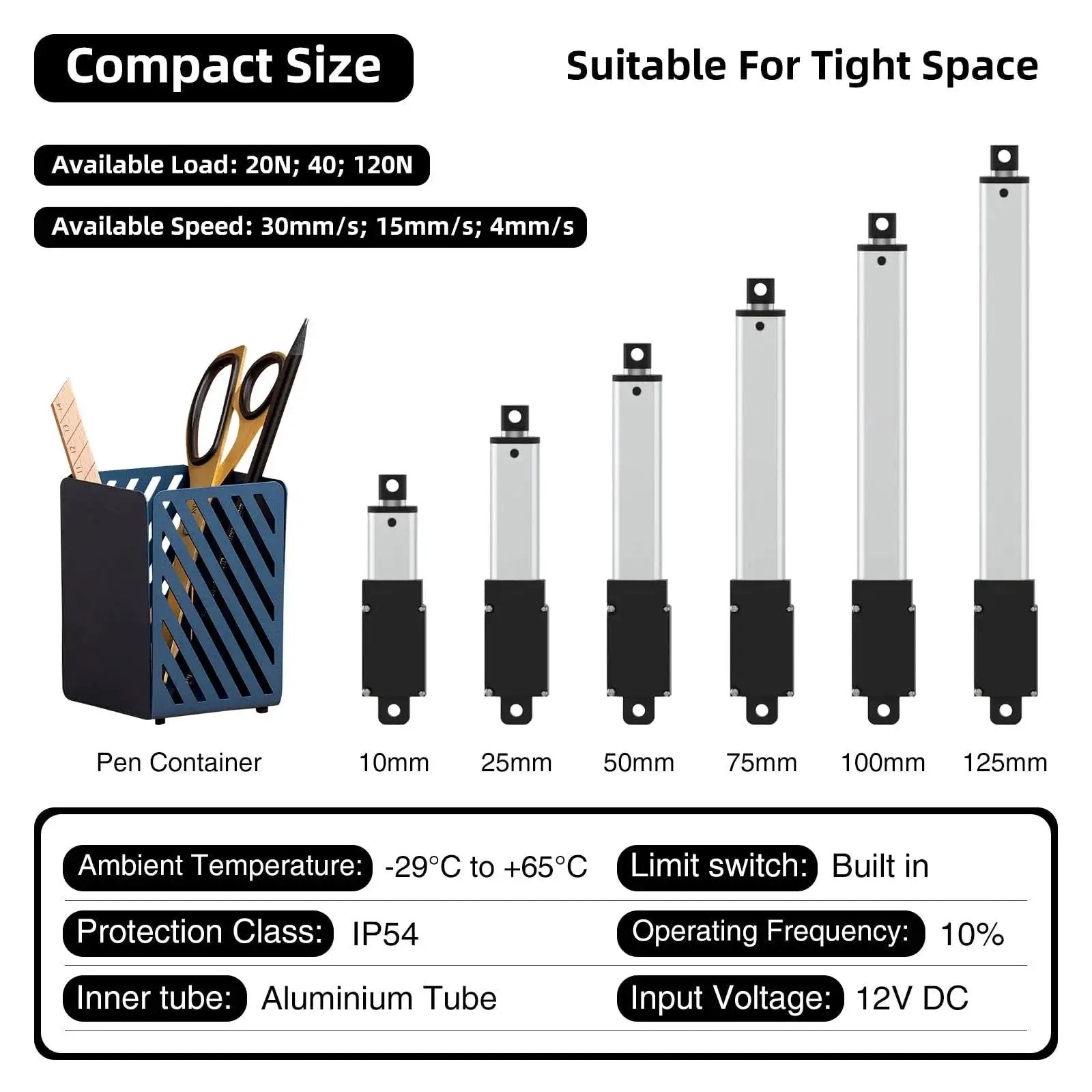 Compact 50mm 20N Mini Electric Linear Actuator comparison chart with various sizes, showing compatibility for compact spaces and 12V DC input.