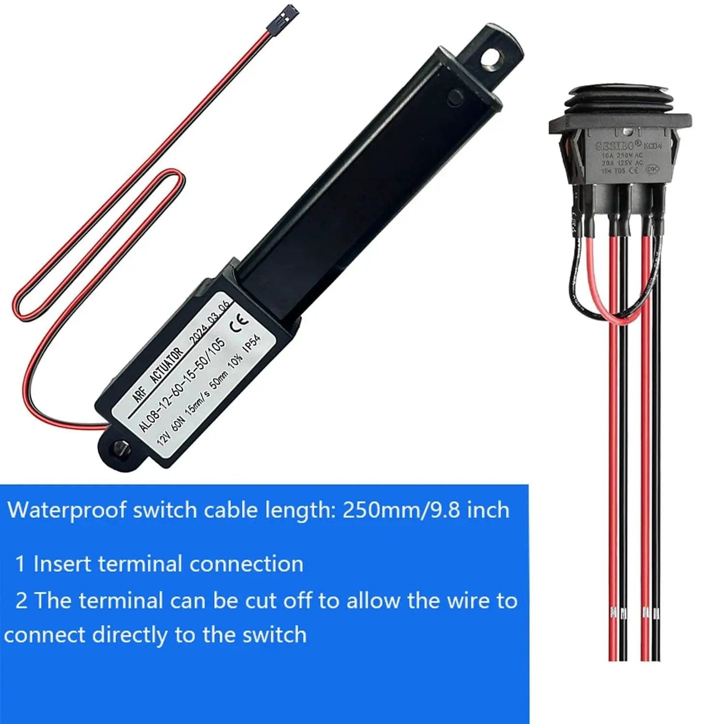 Compact 12 Volt Mini 2 Inch Stroke Linear Actuator with 60 Newton Load, featuring waterproof switch and mounting bracket.