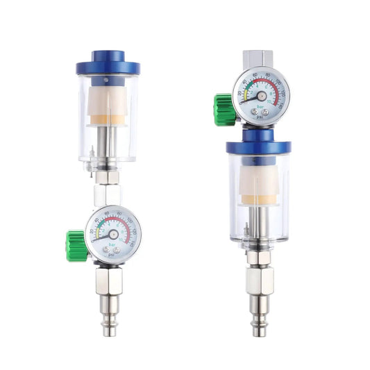 Oil Water Separator With Integrated Air Filter And Pressure Regulator For Spray Guns And Air Tools Inlet And Outlet G1 Quarter Inch Clear Water Filter Stainless Steel Adapter Compact Inline Unit For Compressors That Keeps Lines Clean And Extends Tool Life