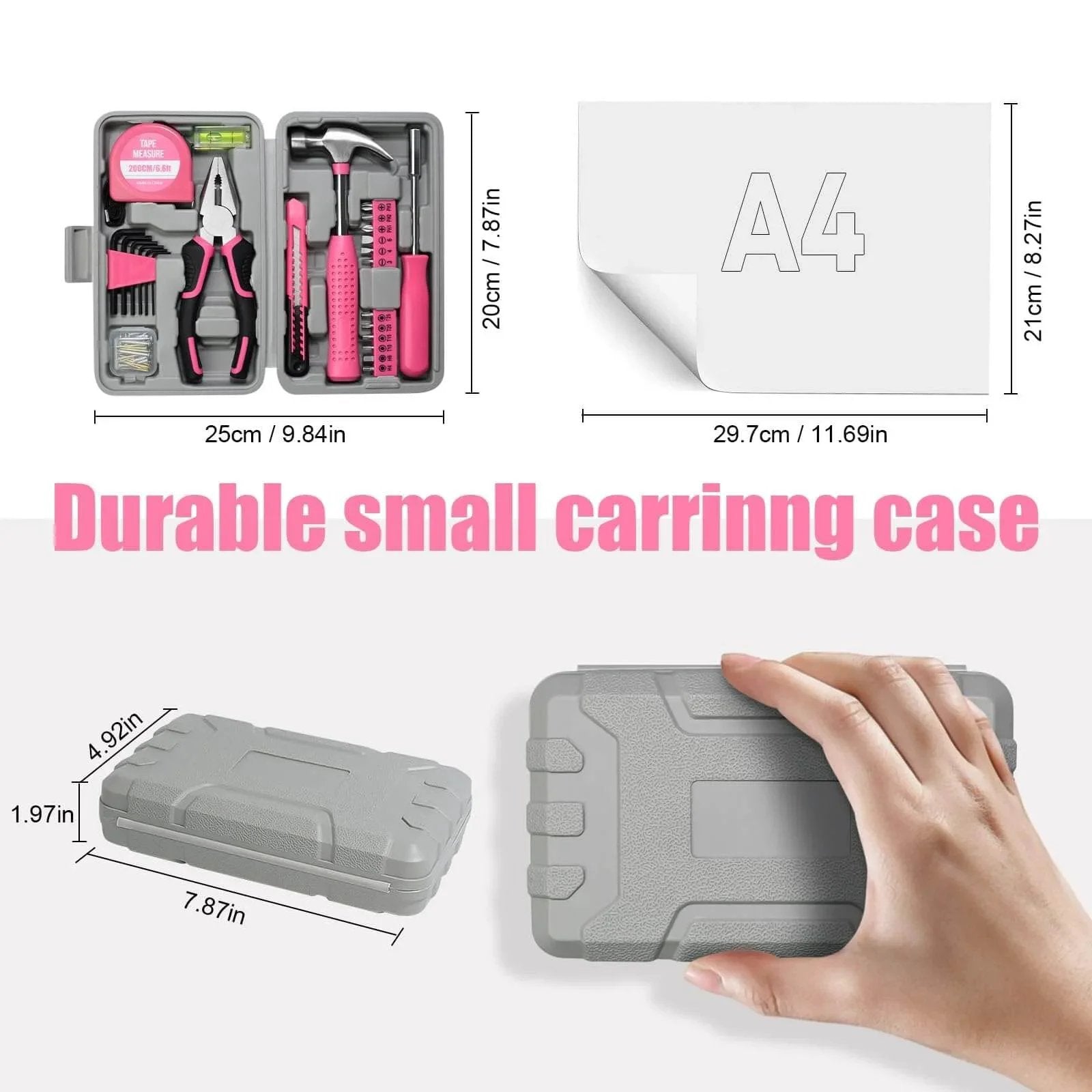 Image showing compact pink 25 Piece Pink Tool Set for Women Portable DIY Home Repair Kit with Beginner Friendly Tools in a carry case.