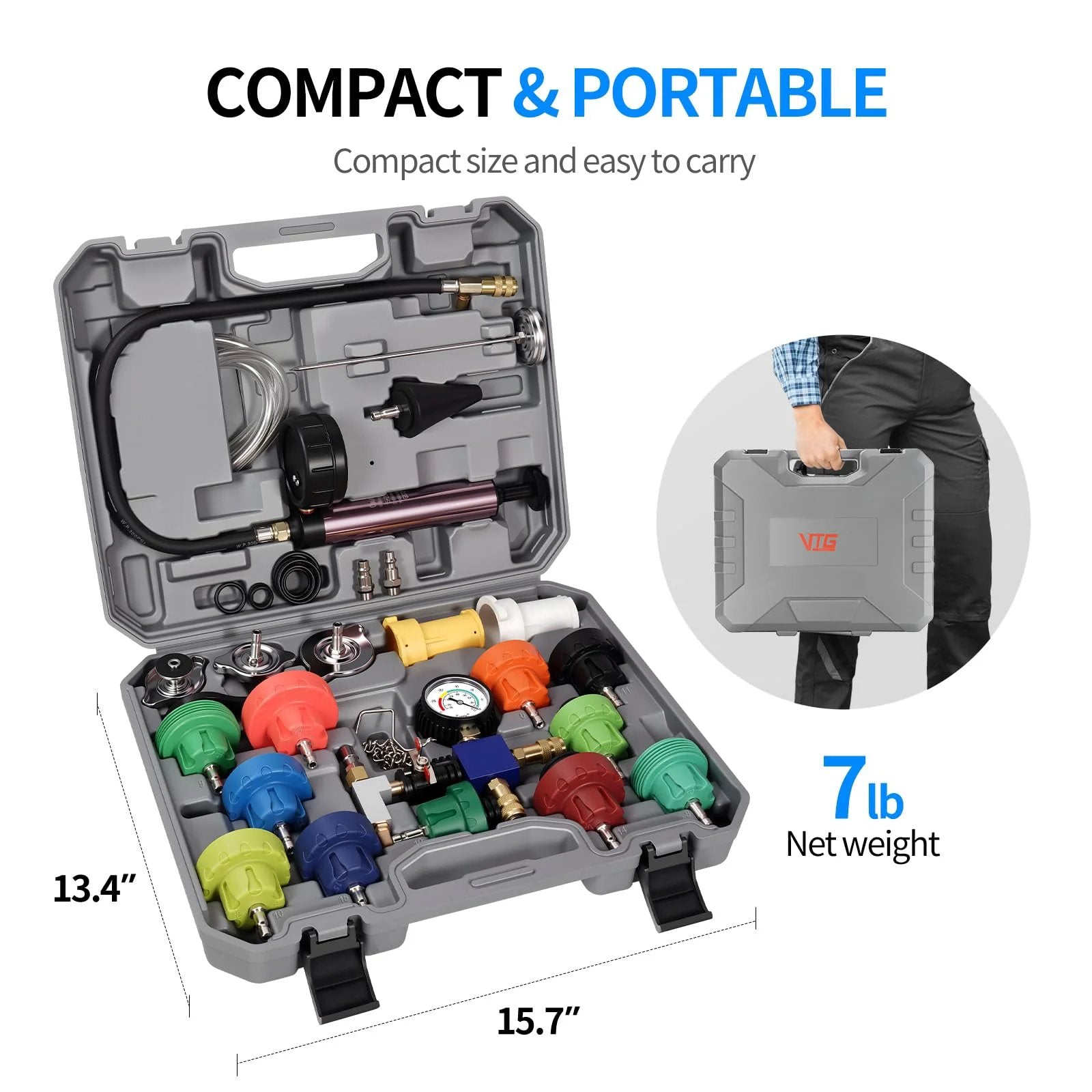 Pro Grade 25 Piece Coolant Pressure Tester And Vacuum Refill Kit For Automotive Cooling Systems in a compact carrying case.