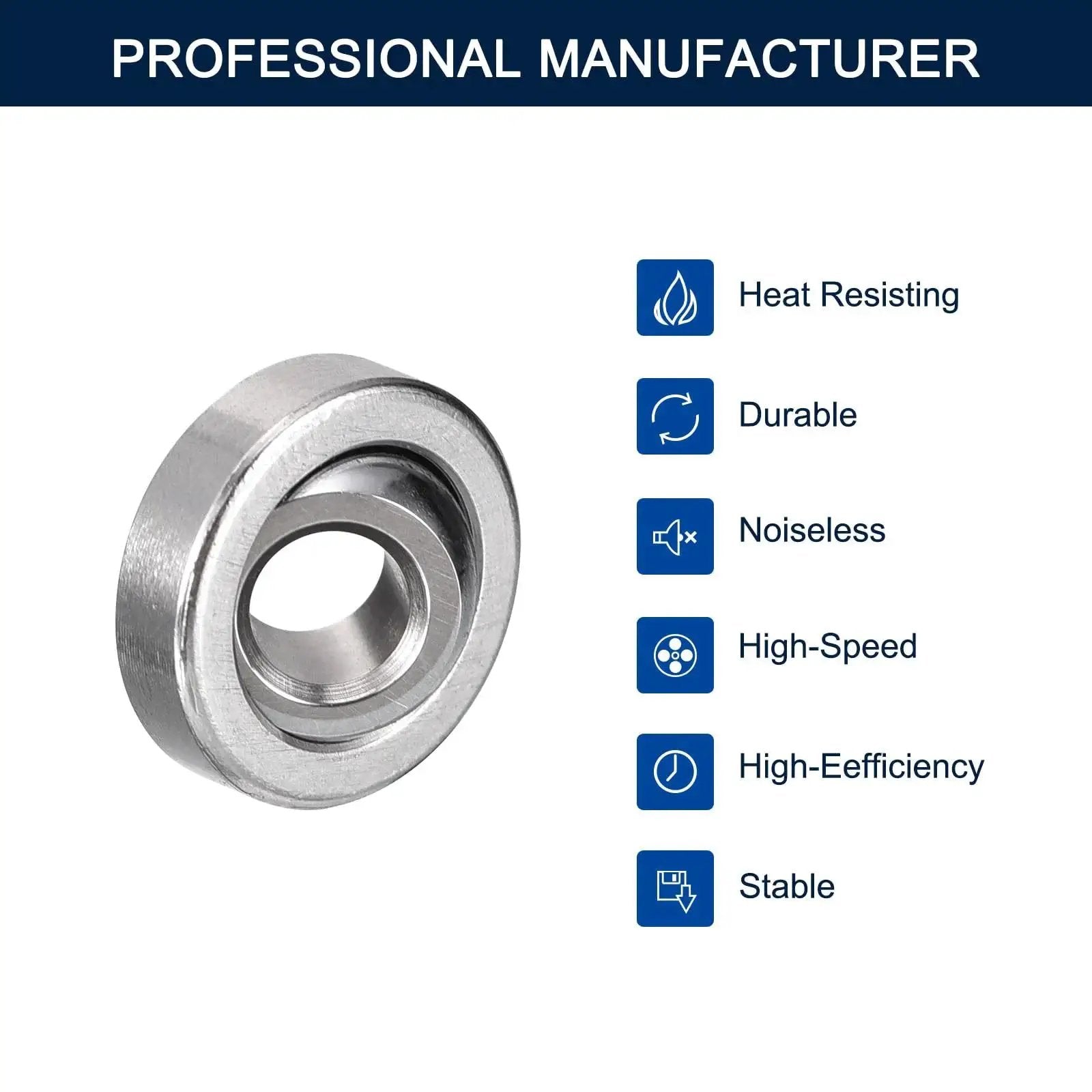 Compact radial spherical bearing, 5mm ID, 14mm OD, 6mm wide, highlighting heat resistance, durability, and efficiency features.