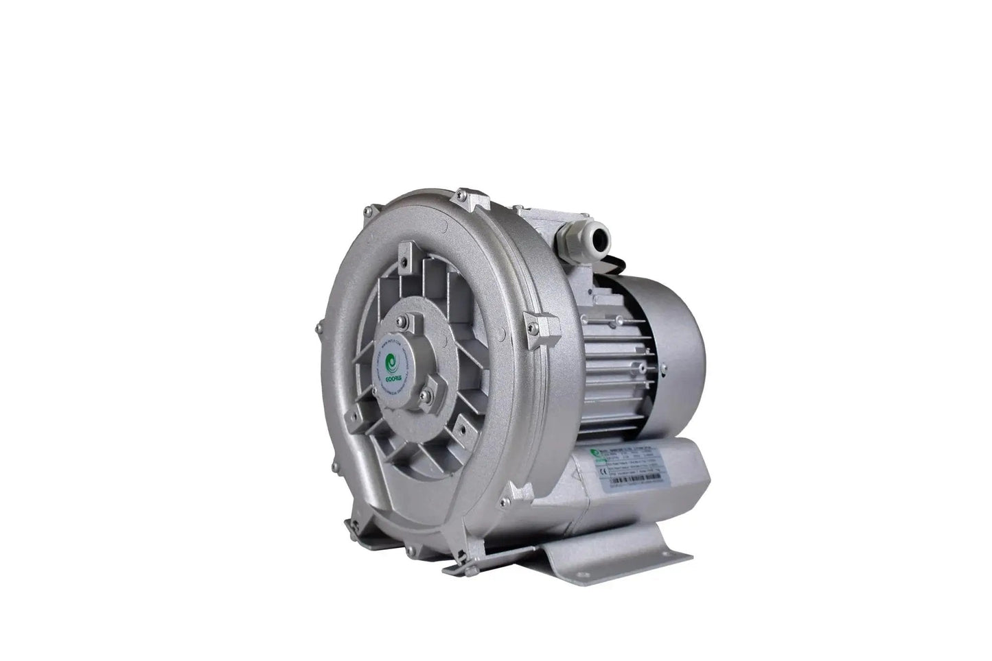 Compact, oil free regenerative blower provides high airflow at low pressure for industrial air handling, delivering 0.67 HP, 220V single phase.