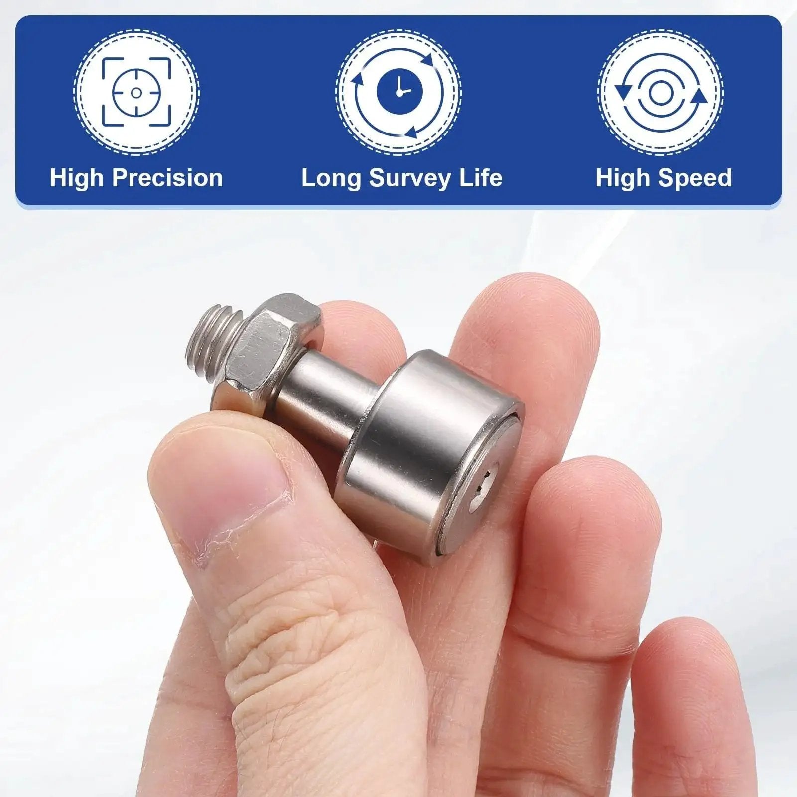 Cam Follower Needle Roller Bearing In SUS304 Stainless Steel held in hand, showing KR13 CF5 Miniature Track Roller with M5X0.8mm Thread.
