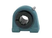 Tapped base pillow bearing with a single row ball bearing, front view, showcasing compact cast iron housing, for general machinery.