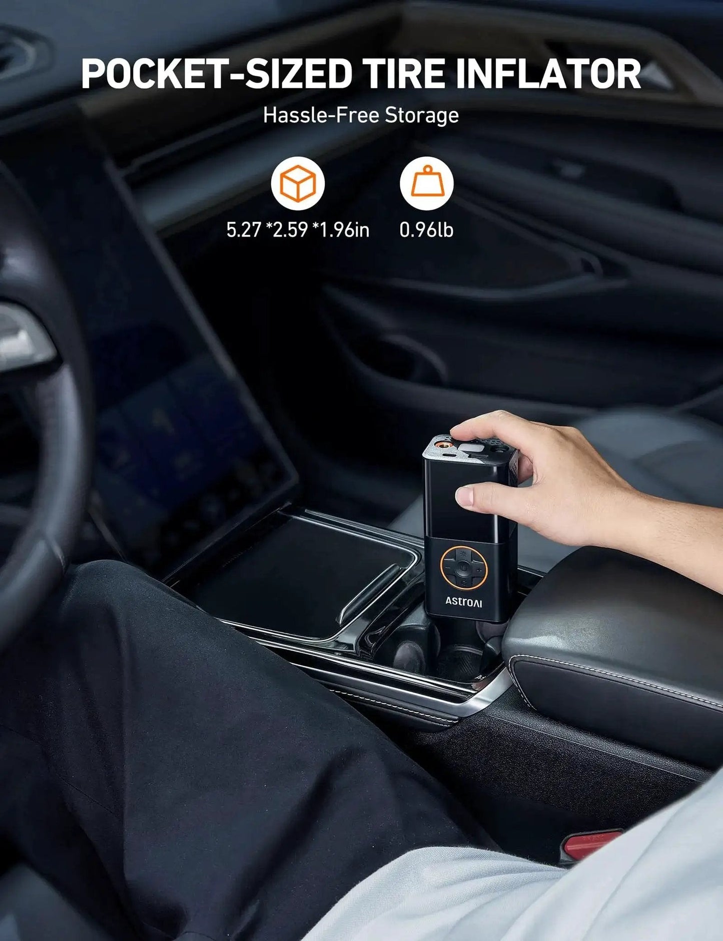 L7 Portable Tire Inflator And Cordless Mini Air Compressor With Digital Dual Value Display, compact and portable in car console.
