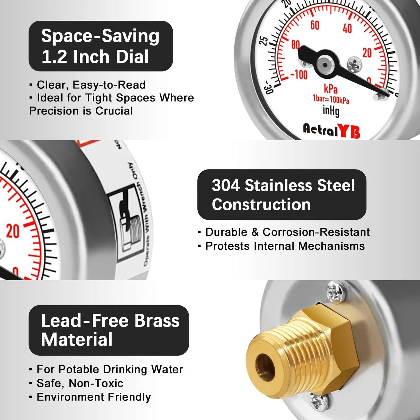 Compact Vacuum Pressure Gauge With A One Point Two Inch Dial For Easy Reading And Monitoring AetralYB stainless steel gauge with a 1.2 inch dial.