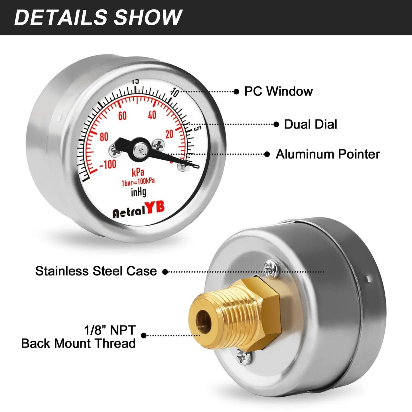 Close-up of Compact Vacuum Pressure Gauge With A One Point Two Inch Dial For Easy Reading And Monitoring AetralYB showing stainless steel case and 1/8" NPT back mount.