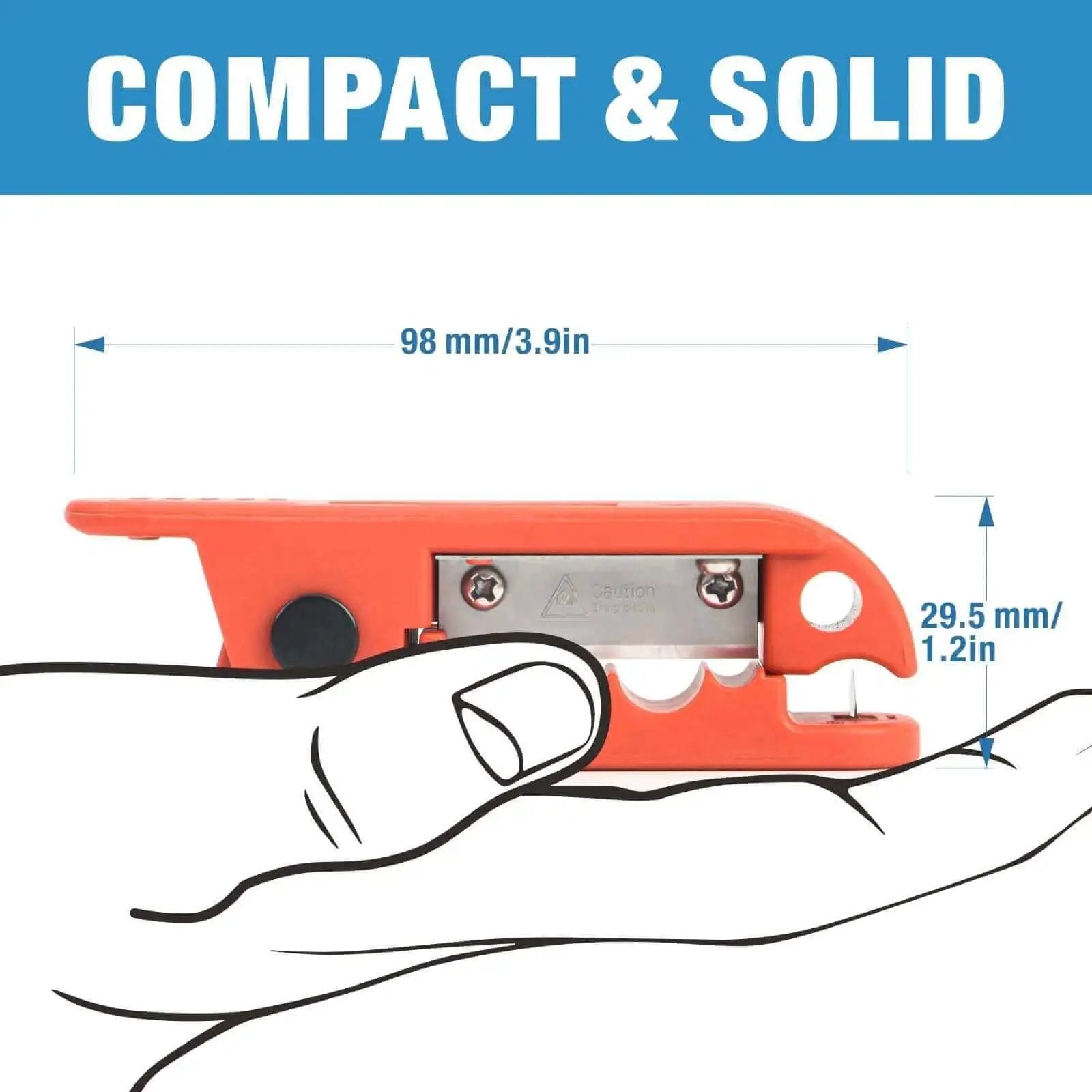 Cable Stripper for AWG 12 to 4/0 Round Cables With Radial Cutting Design held in hand showing compact size