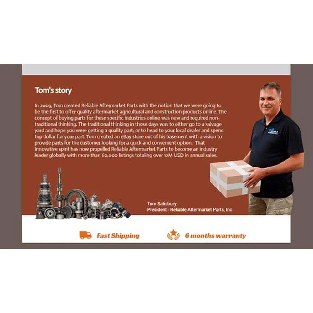 Tom Salisbury with Reliable Aftermarket Parts story and product images; fast shipping and 6 months warranty highlighted.
