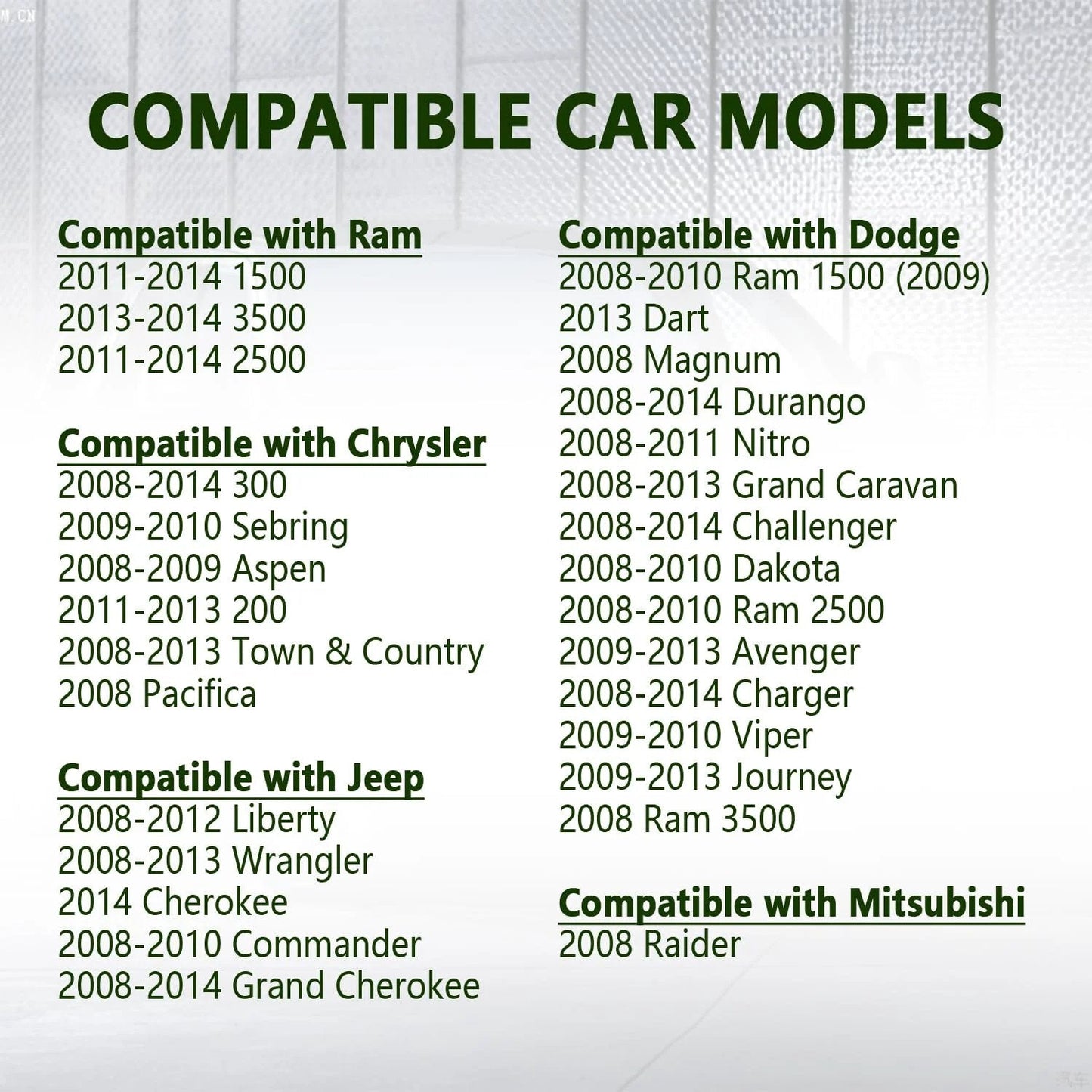 List of compatible car models for Engine Coolant Temperature Sensor For Ram Chrysler Jeep Dodge OEM 5149077AB and similar parts.