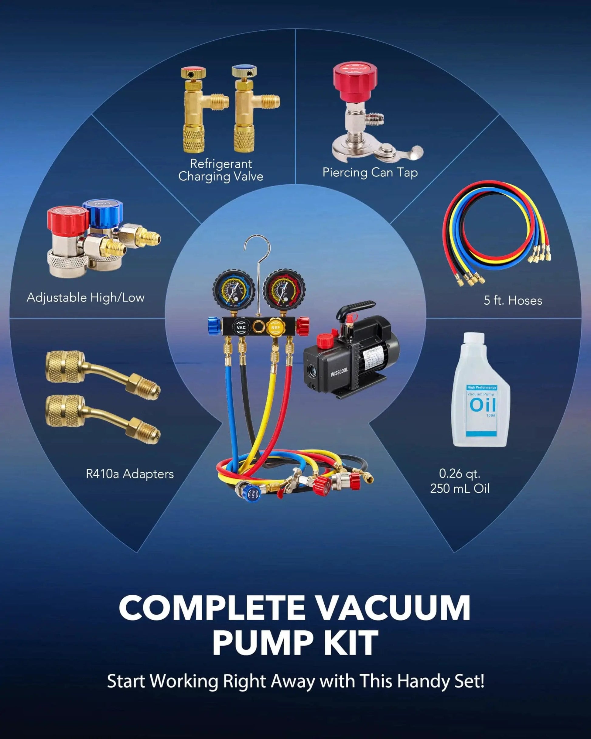 Complete vacuum pump kit with 4 hoses, gauges, adapters, oil, and can tap for HVAC, supports R410A, R134A, R22, Wisscool brand.