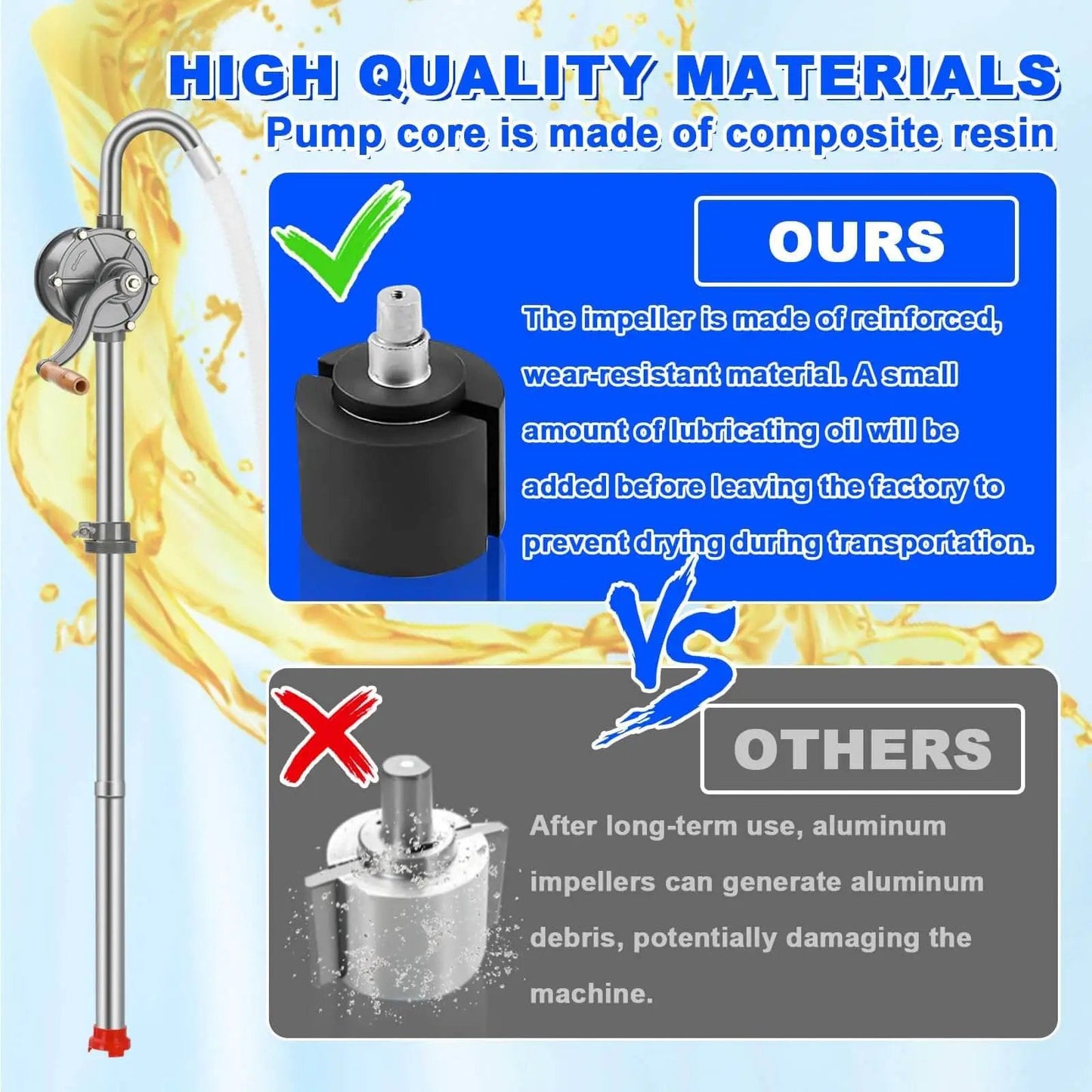 Comparison of 55 Gallon Drum Pump For Oil, Diesel, Kerosene, And Hydraulic Fluid showing composite resin core vs aluminum core