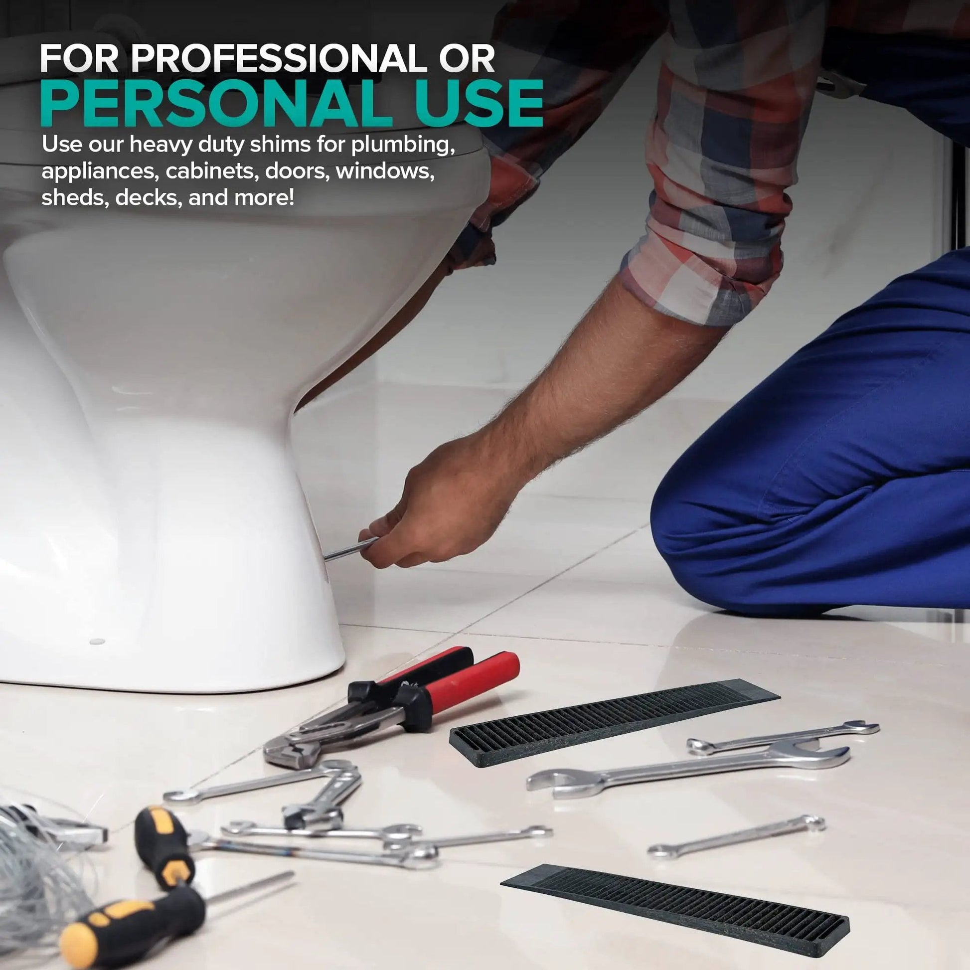 Person using Heavy Duty Composite Shims 12 Pack For Home Improvement And Leveling Never Rot Indoors Or Outdoors Stackable Table Wedges for toilet installation.