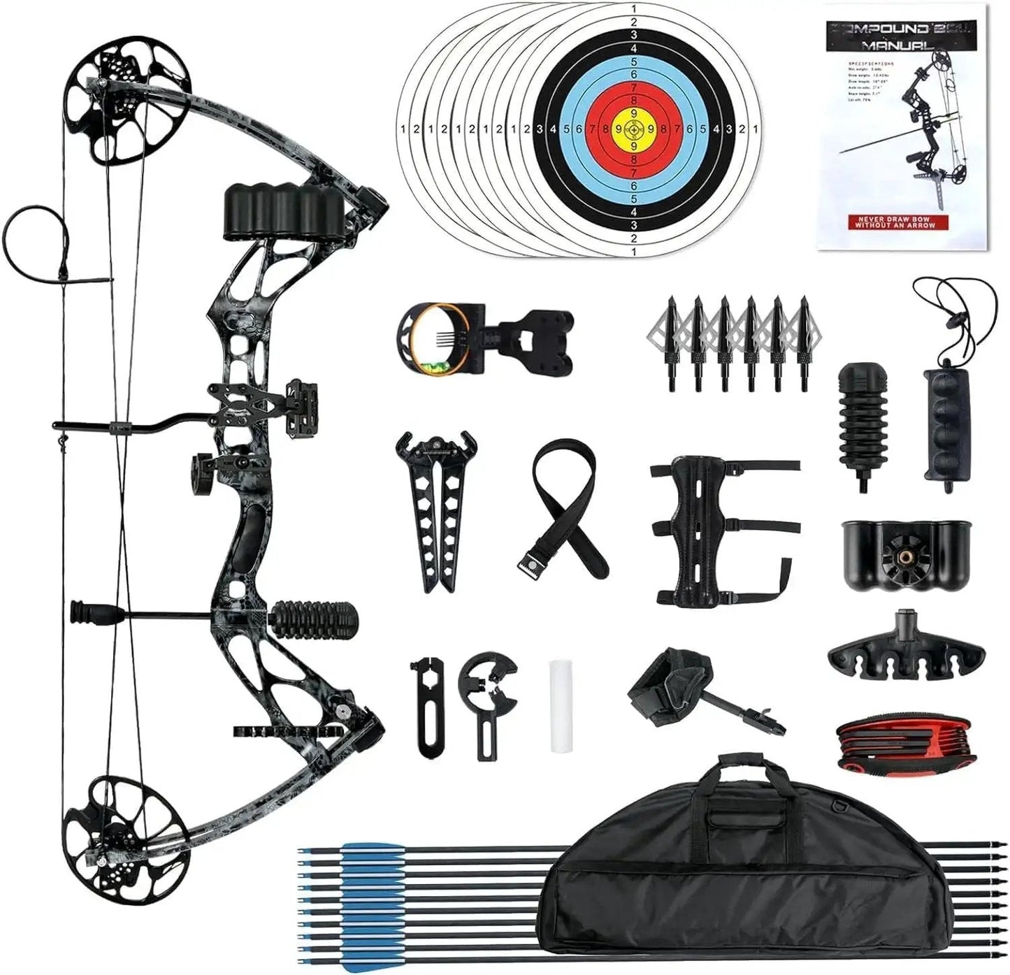 Adjustable 30 to 70 Pound Compound Bow And Arrow Set For Adults And Teens, right hand, camouflage finish, with accessories laid out