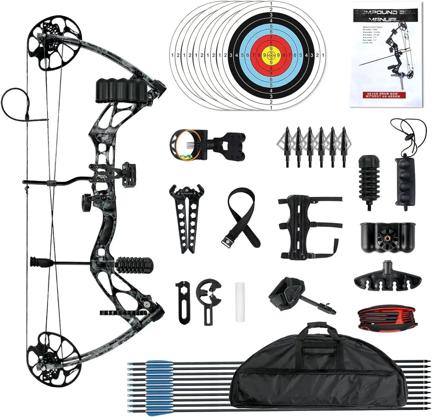 Adjustable 30 to 70 Pound Compound Bow And Arrow Set For Adults And Teens, right hand, camouflage finish, with accessories laid out