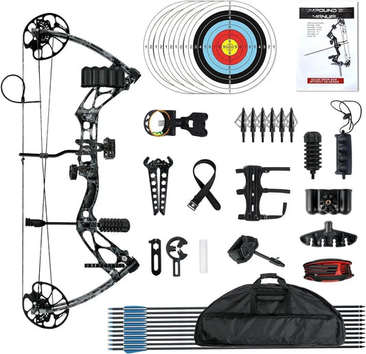 Adjustable 30 to 70 Pound Compound Bow And Arrow Set For Adults And Teens, right hand, camouflage finish, with accessories laid out
