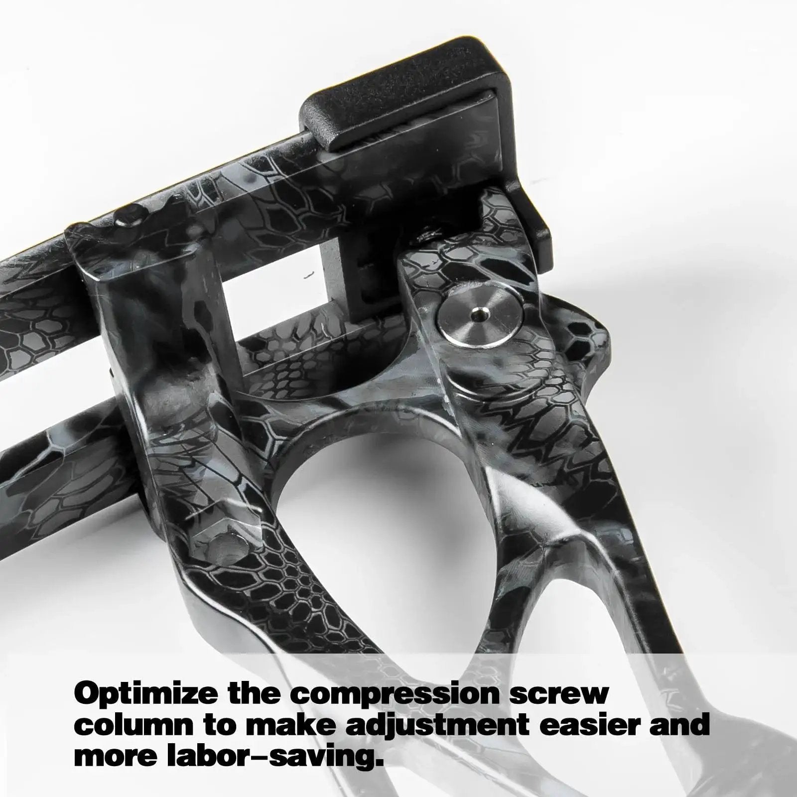 Close-up of compression screw on adjustable 30 to 70 pound compound bow and arrow set for adults and teens by AKCHOER.