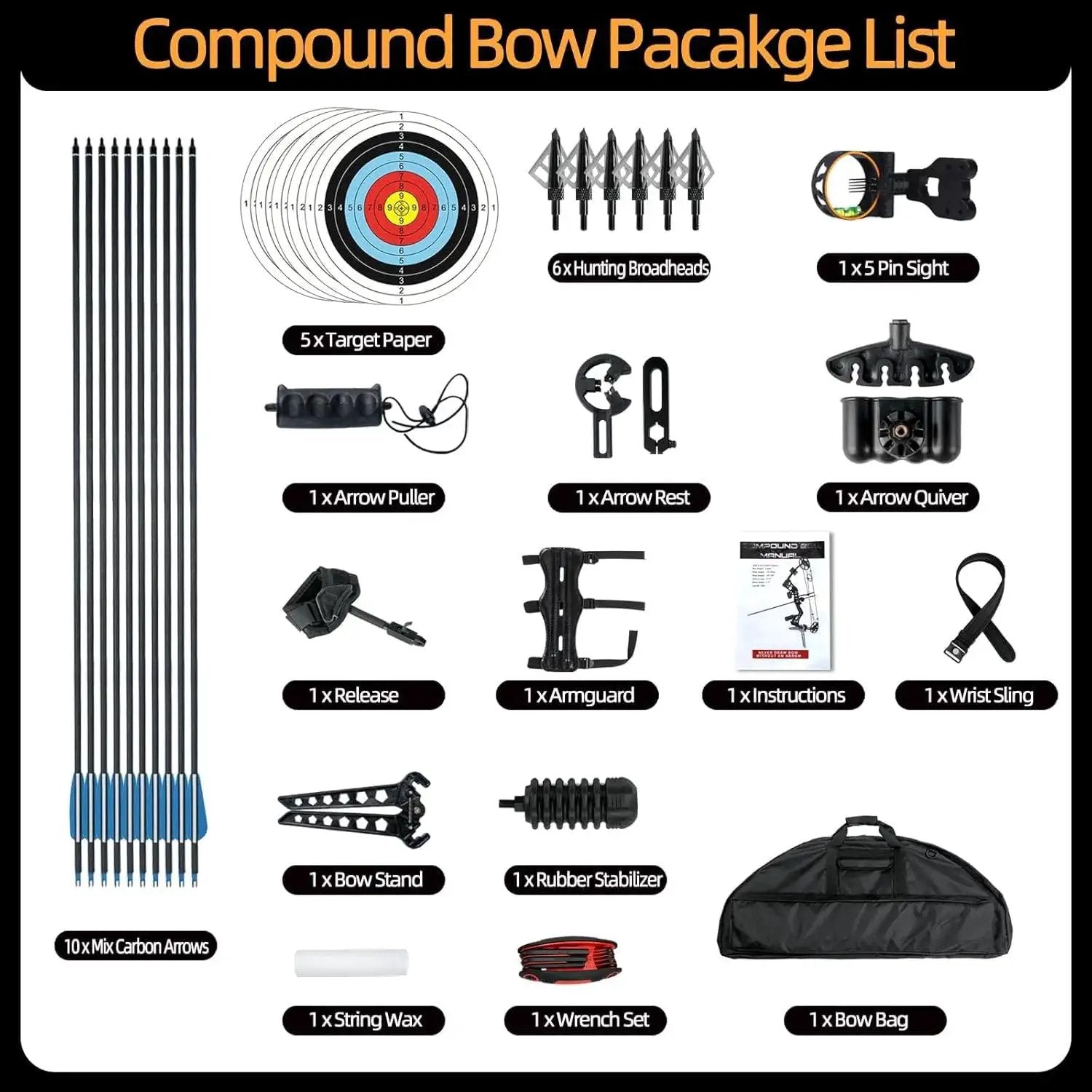 Compound bow package with arrows, target papers, hunting broadheads, quiver, and accessories for Adjustable 30 to 70 Pound Compound Bow And Arrow Set For Adults And Teens
