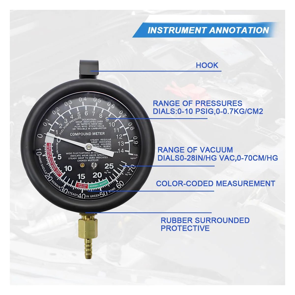 Close-up of Fuel Pump And Vacuum Tester Gauge Kit For Cars And SUVs showing pressure and vacuum measurement dials.