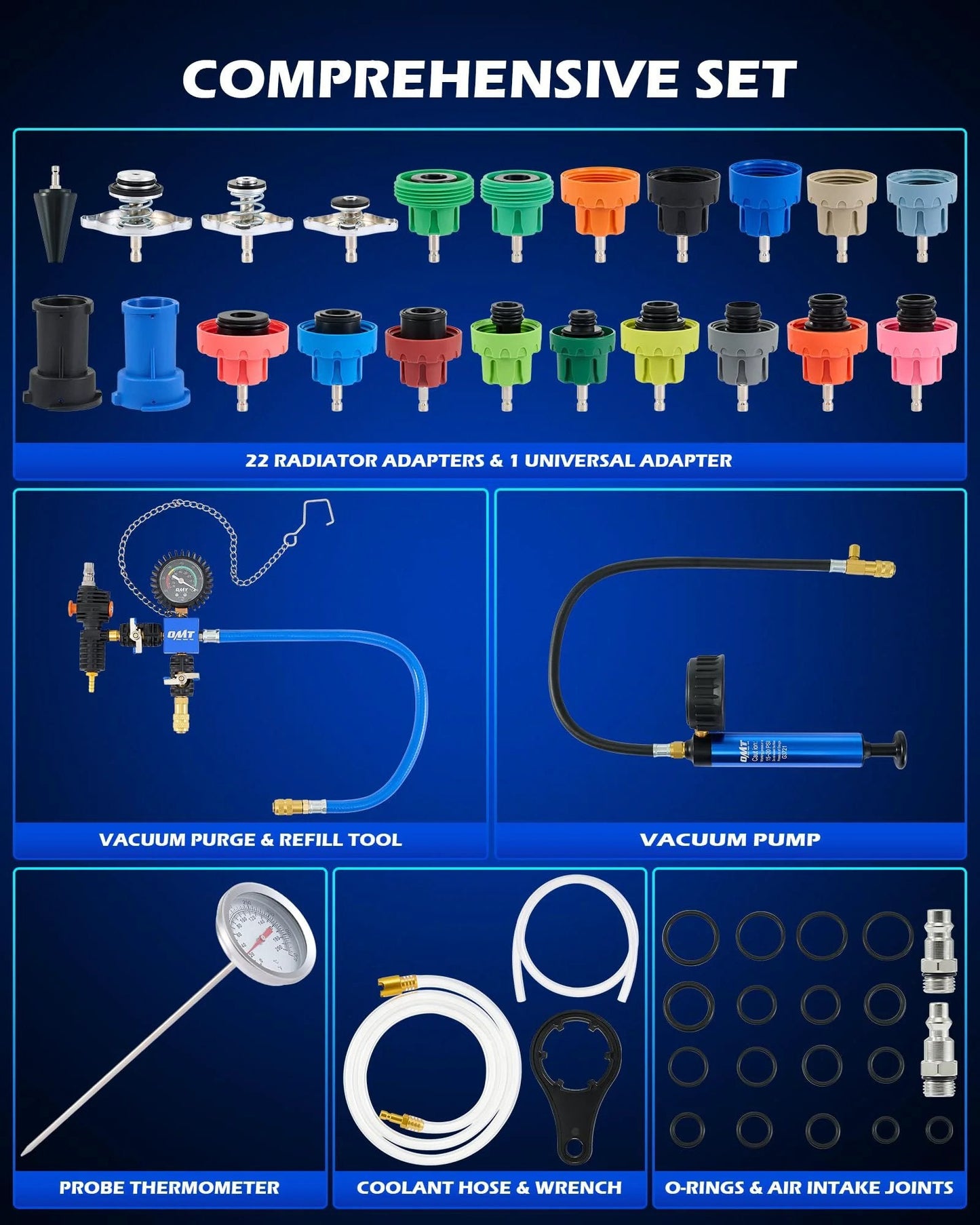 Pro Grade Coolant Pressure Tester Kit With Vacuum Pump And 23 Radiator Adapters, 31 Piece Master Set showing 22 radiator adapters and tools.