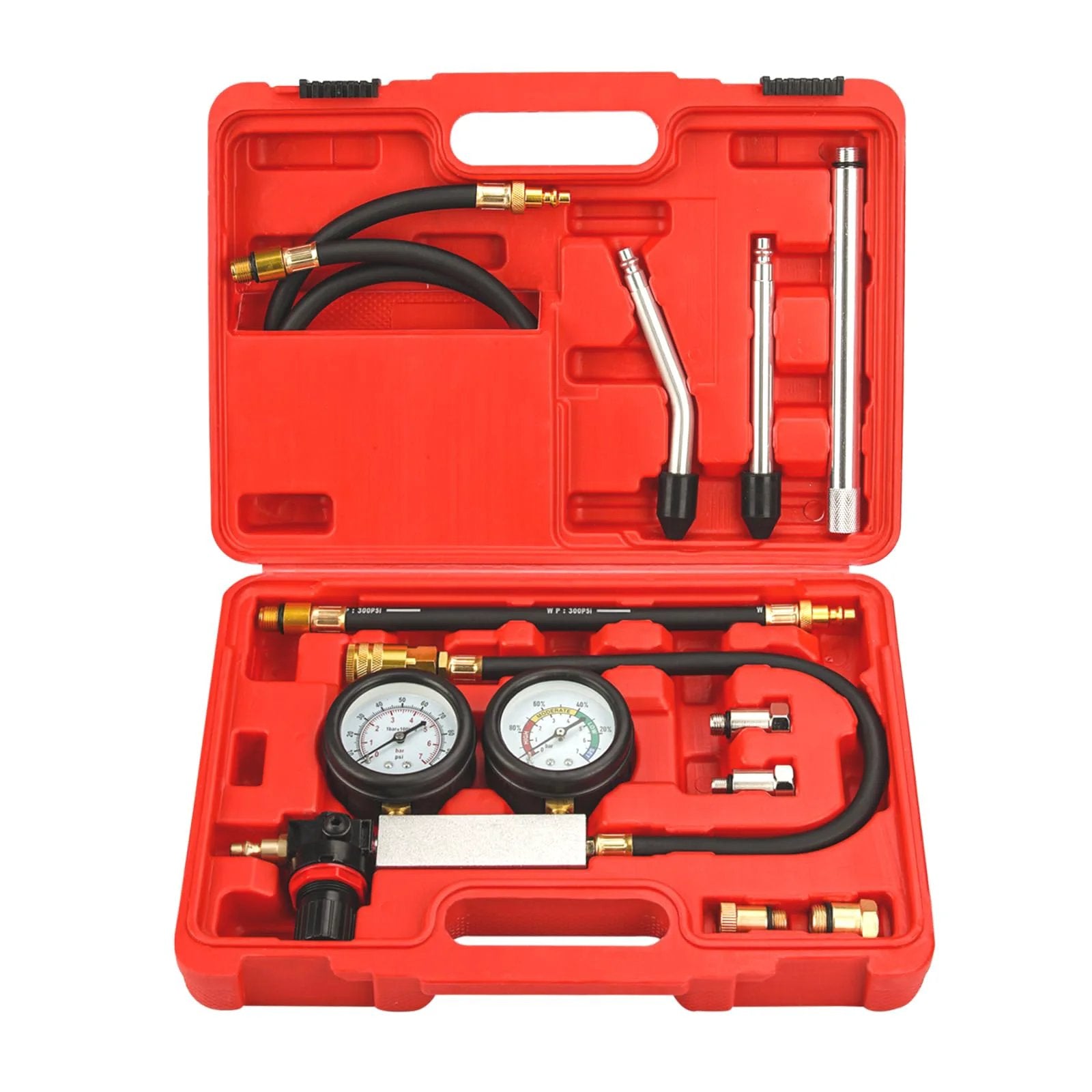 Compression Leakdown Tester Kit With Dual Gauge For Gasoline Engines From Handor 3 In 1 Cylinder Diagnostic Tool Set in red case.
