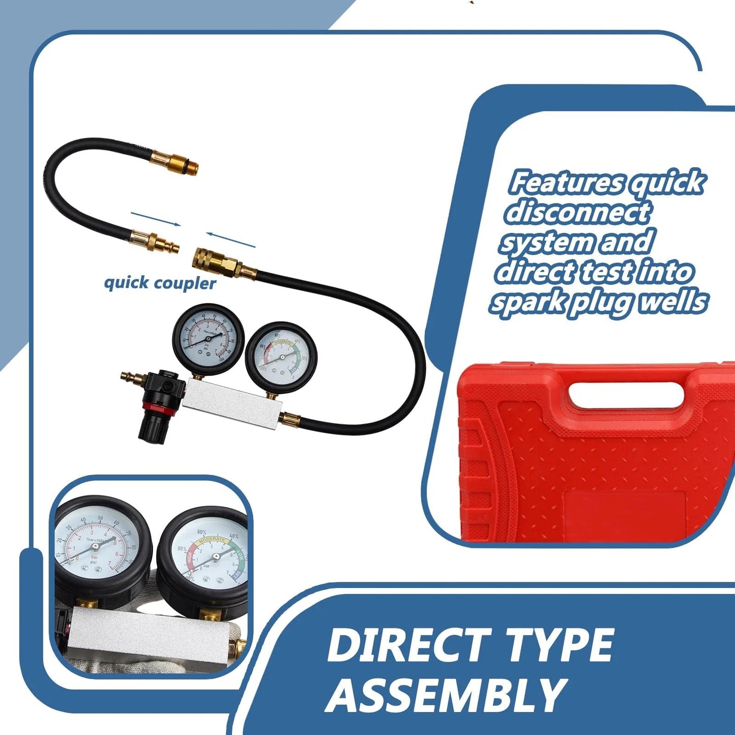 Compression Leakdown Tester Kit With Dual Gauge For Gasoline Engines From Handor, dual gauge setup with hoses and quick coupler.