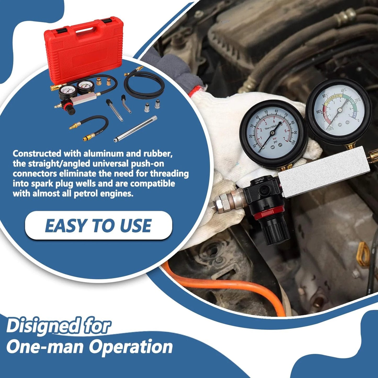 Compression Leakdown Tester Kit With Dual Gauge For Gasoline Engines From Handor shown in use on an engine with gauges and connectors.