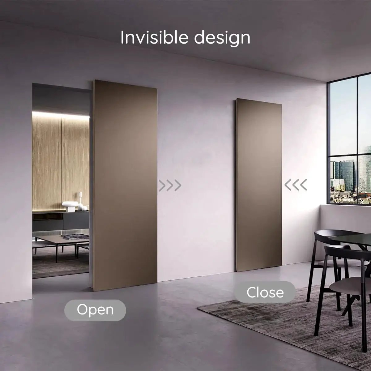 Concealed Sliding Barn Door Hardware and Track Floating Wall Mount, Soft Close and Quiet Operation installed in modern room