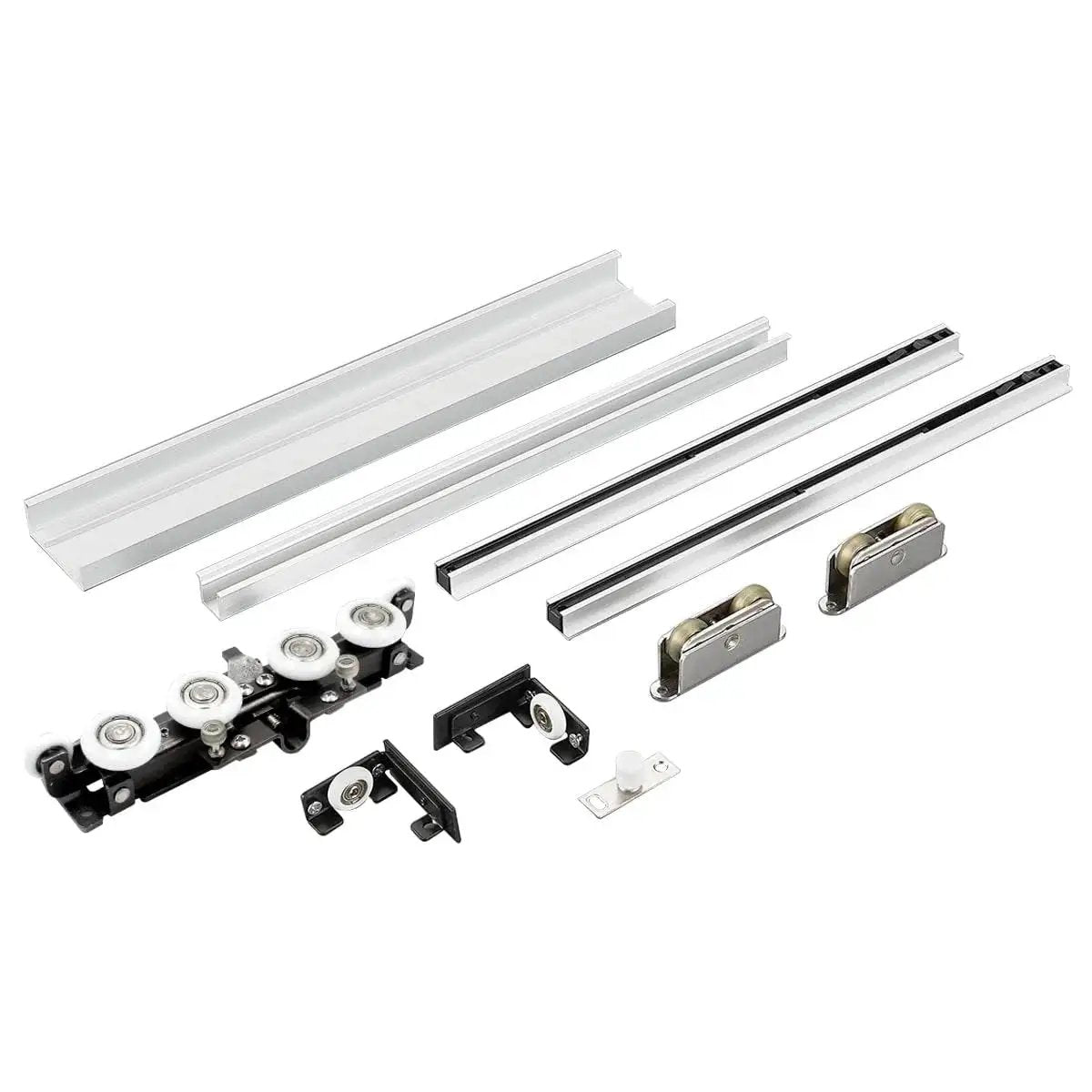 Concealed Sliding Barn Door Hardware and Track Floating Wall Mount, showing track pieces and pulley system components