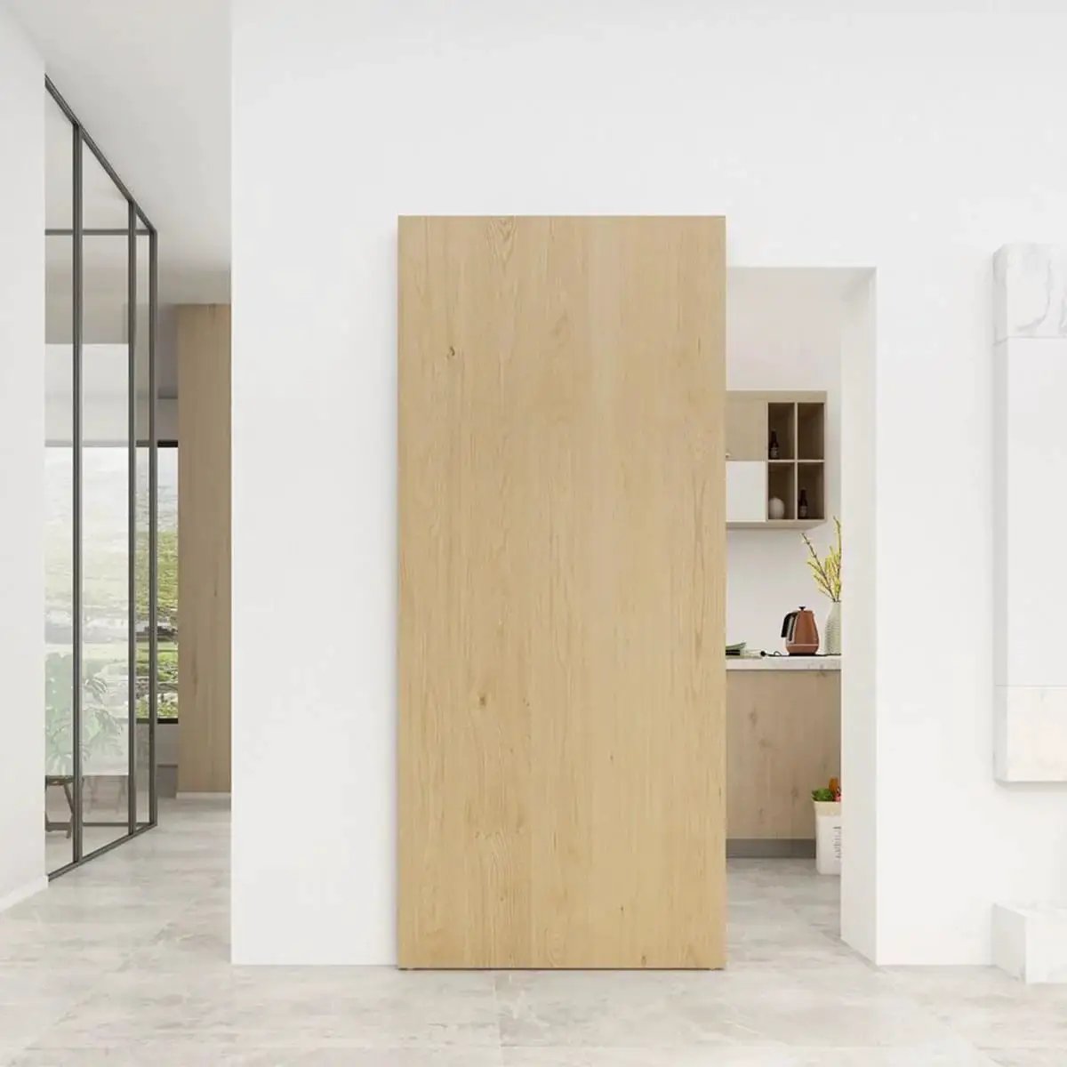 Concealed Sliding Barn Door Hardware and Track Floating Wall Mount, installed, 59 Inch track, suitable for wood door.